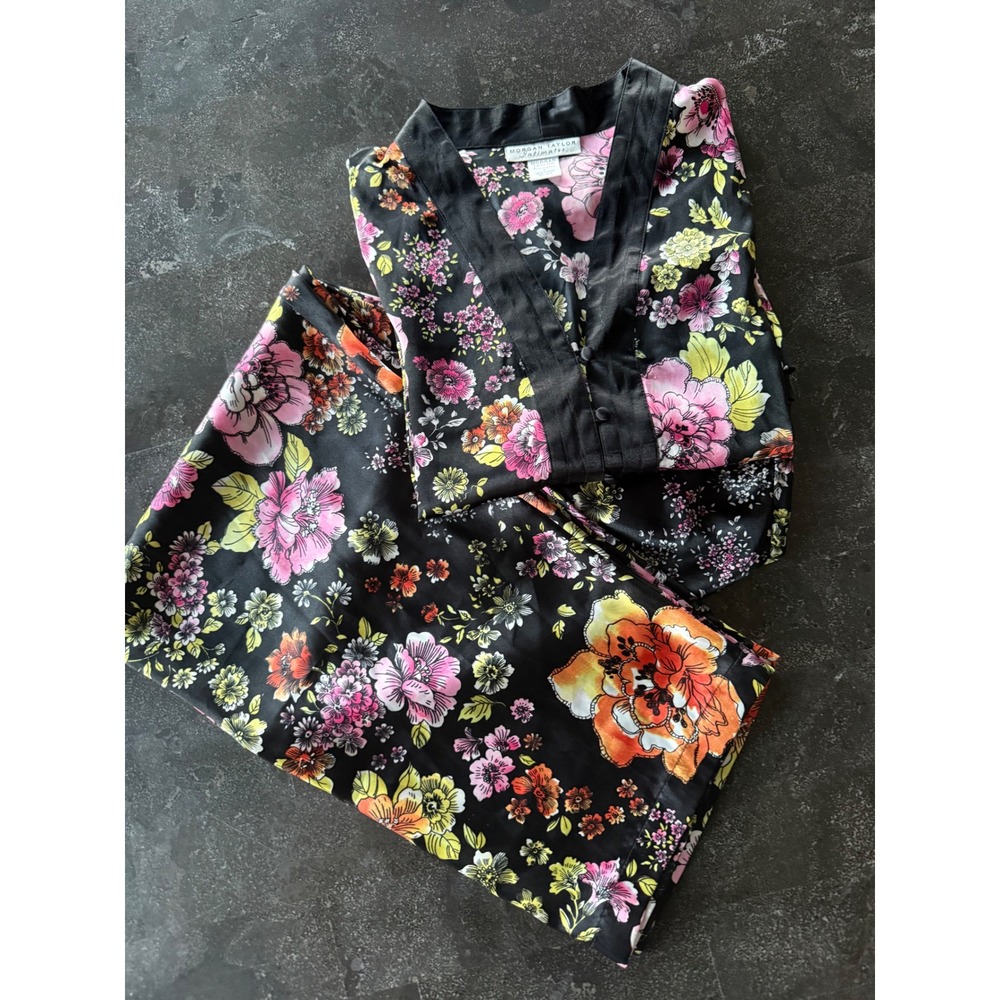 Morgan Taylor Large Silky Satin Black Floral Pajama Set PJ'S Fairy Garden Whimsy